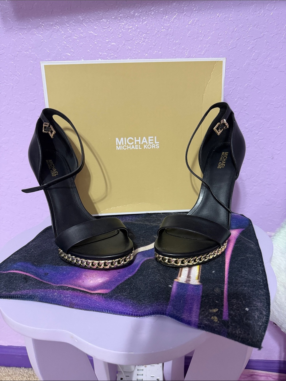 Michael Kors Black Leather Open-Toe Heels with Gold Chain Trim